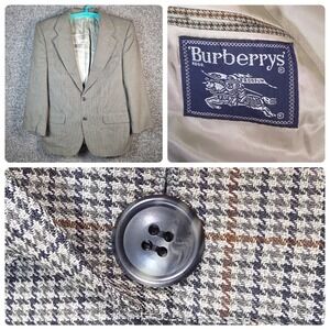 Vintage Burberry Houndstooth Blazer Wool Men Size 42R Beige Sport Coat